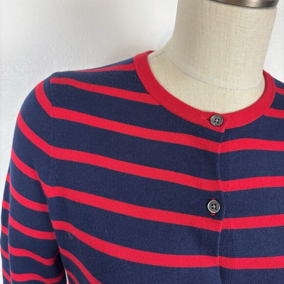 Lands' End Womens S Red Navy Blue Striped Cardigan Sweater Supima Cotton Knit - Picture 2 of 6
